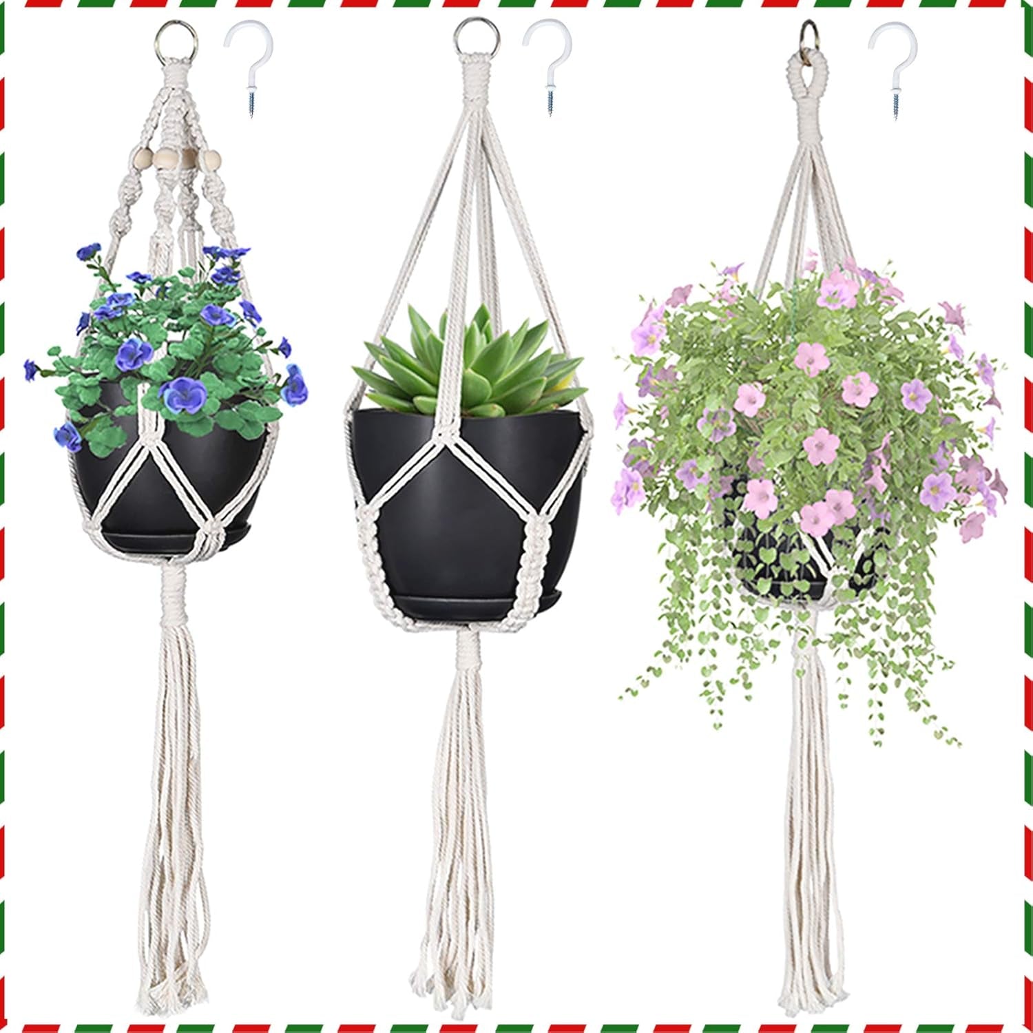 Macrame Plant Hangers, Hanging Planters Set of 3 with 3 Hooks, Hanging Planters for Indoor and Outdoor Plant Décor, (Same Size)