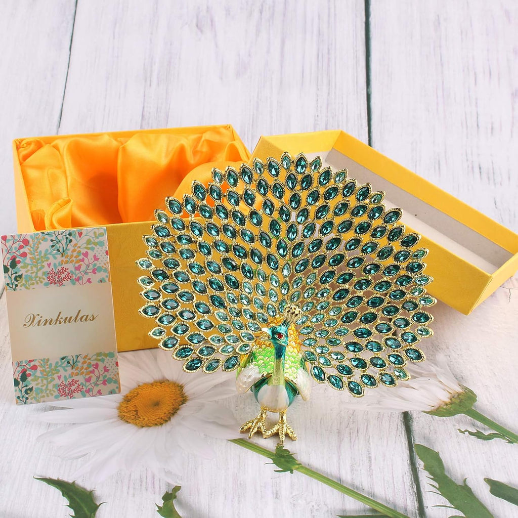 Peacock Jewelry Trinket Box Figurine Enamel Hinged Hand Painted Keepsake Decoration (Green)