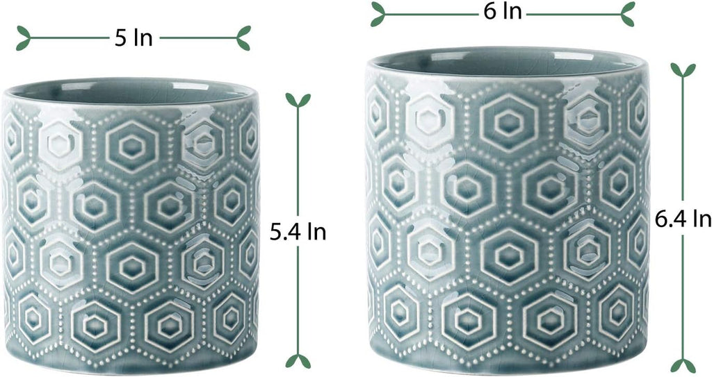 Ceramic Flower Pots - 6 Inch + 5 Inch Planters with Drainage Holes for Succulent Herb Indoor Decoration - Blue, Set of 2
