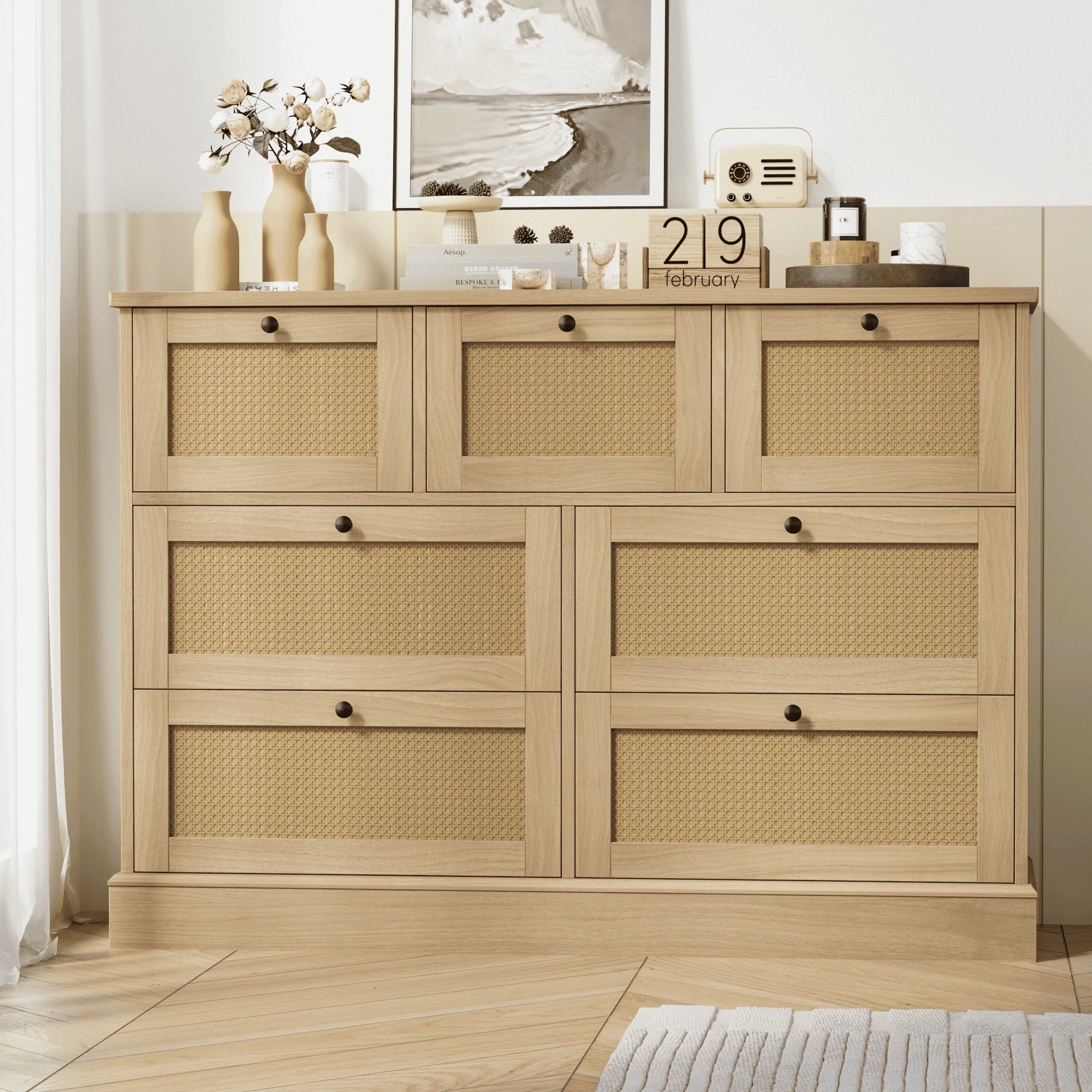 Rattan Dresser, 7 Drawer Combo Double Dresser, Modern Wicker Chest for Bedroom, Burlywood