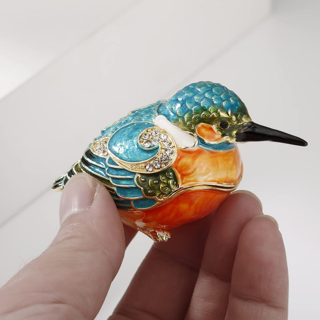 Hand Painted Enamel Bird Trinket Box for Home Decor, Hinged Jewelry Organizer for Ring Earrings, Unique Figurine Keepsake Collectible Personalized Elegant Handmade Ornament (Kingfisher)