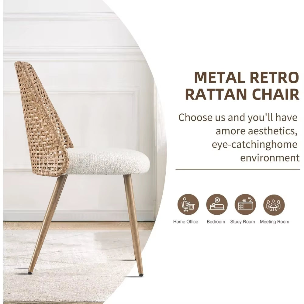 Rattan Dining Chairs Set of 4,Modern Upholstered Boucle Kitchen Room Chairs with PE Cane Back and Metal Legs for Kitchen