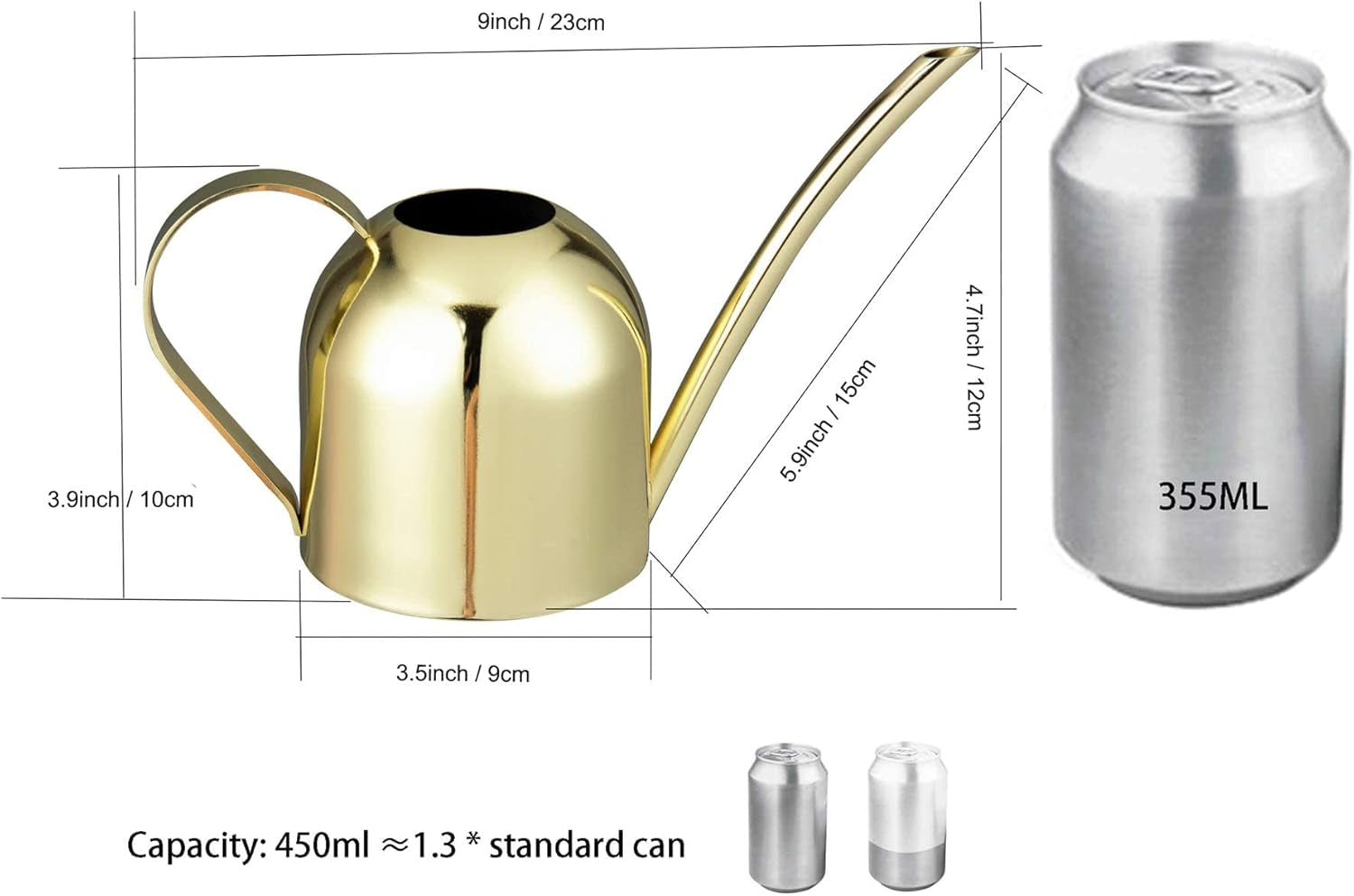 Gold Watering Can for Indoor Plants, Orchid, Bonsai - Stainless Steel with Long Spout for House, Desk, Office - 15Oz/450Ml