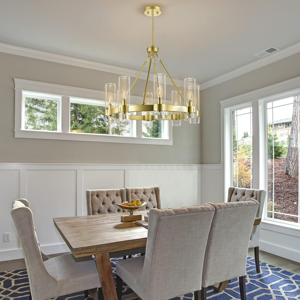 Teramo Gold Chandelier Dining Room Light Fixture Small Wagon Wheel Chandelier round Industrial Modern Farmhouse Chandeliers for Dining Room Foyer, Clear Glass, UL Listed