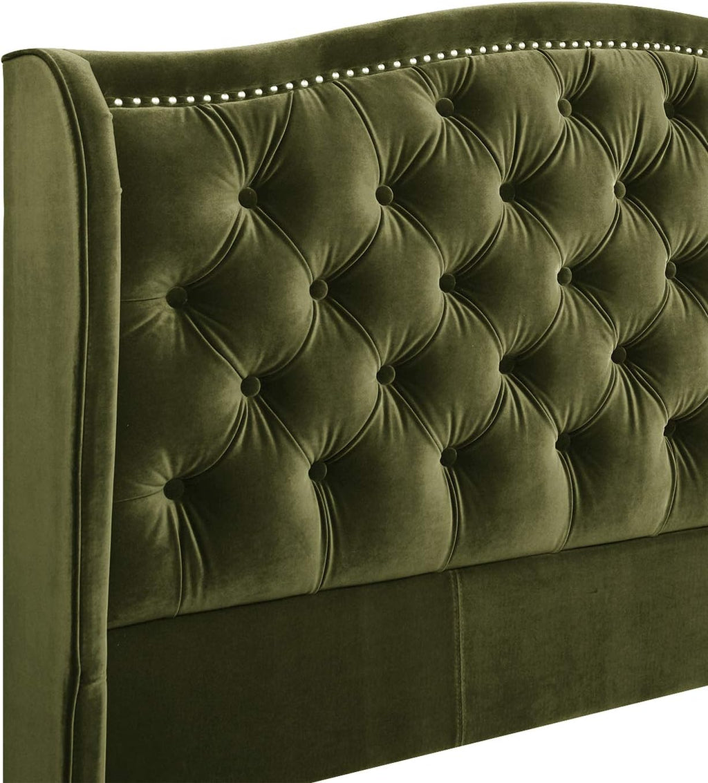 Marcella Upholstered Shelter Headboard Bed Set, Queen, Olive Green Performance Velvet