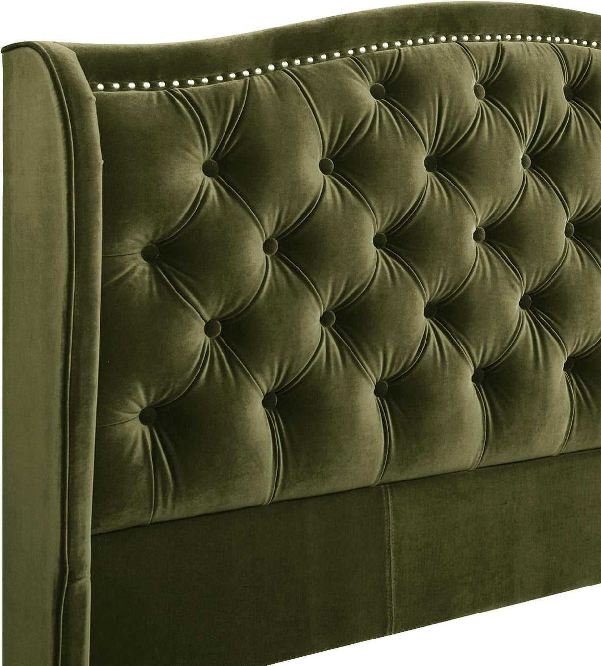 Marcella Upholstered Shelter Headboard Bed Set, Queen, Olive Green Performance Velvet