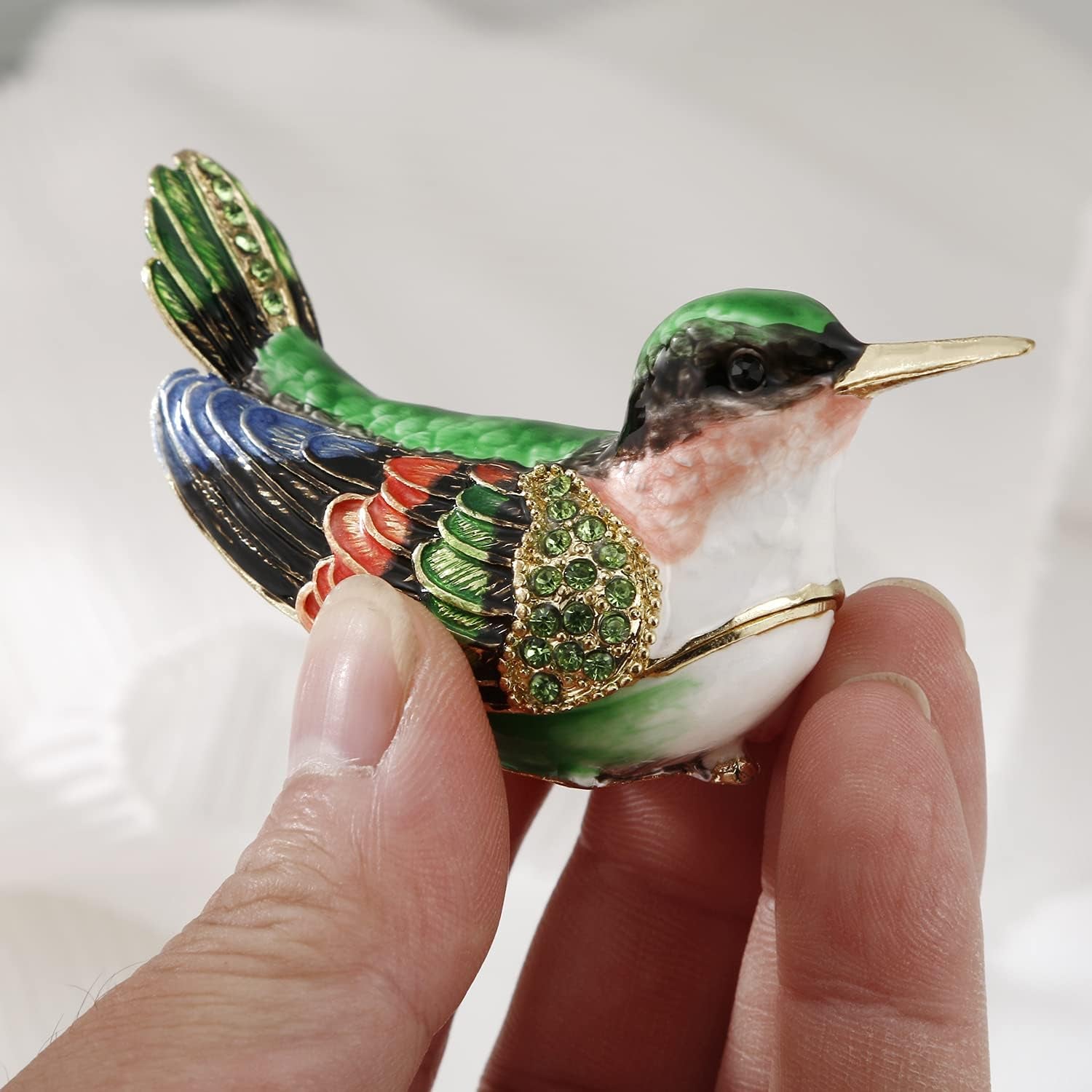 Hand Painted Enamel Bird Trinket Box for Home Decor, Hinged Jewelry Organizer for Ring Earrings, Unique Figurine Keepsake Collectible Personalized Elegant Handmade Ornament (Hummingbird-2)