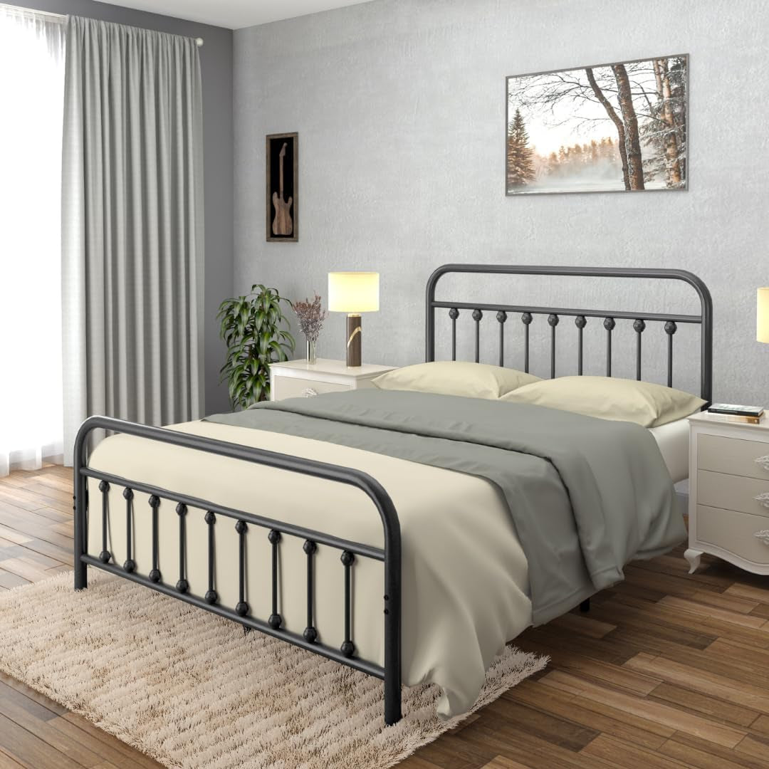 Golden Gate Beds Victorian Vintage Style Metal Bed Frame with Wrought Iron Headboard and Footboard, Classic Platform Bedframe with Storage, No Box Spring Needed, Mattress Foundation, Black, Queen Size