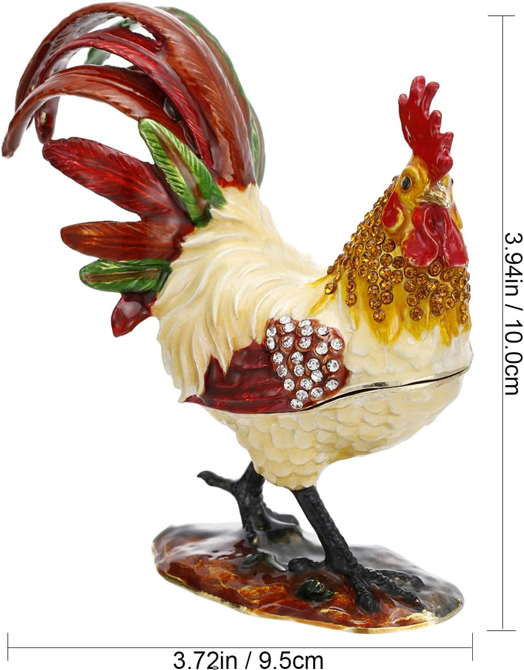Hand Painted Animal Trinket Box for Home Decor, Hinged Enamel Jewelry Organizer Storage for Ring Earrings, Unique Figurine Keepsake Collectible Personalized Elegant Ornaments (Rooster)