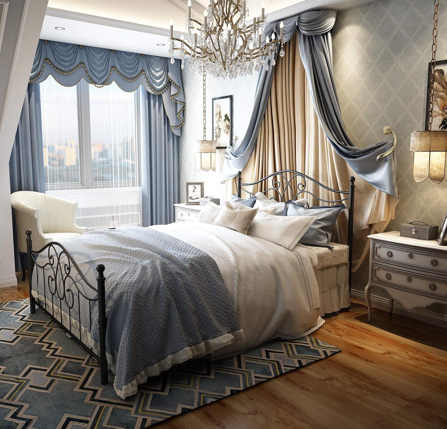 Vintage Sturdy Metal Bed Frame Queen Size with Vintage Headboard and Footboard Platform Base Bed Frame No Box Spring Needed Steel Bed (Queen, Black)