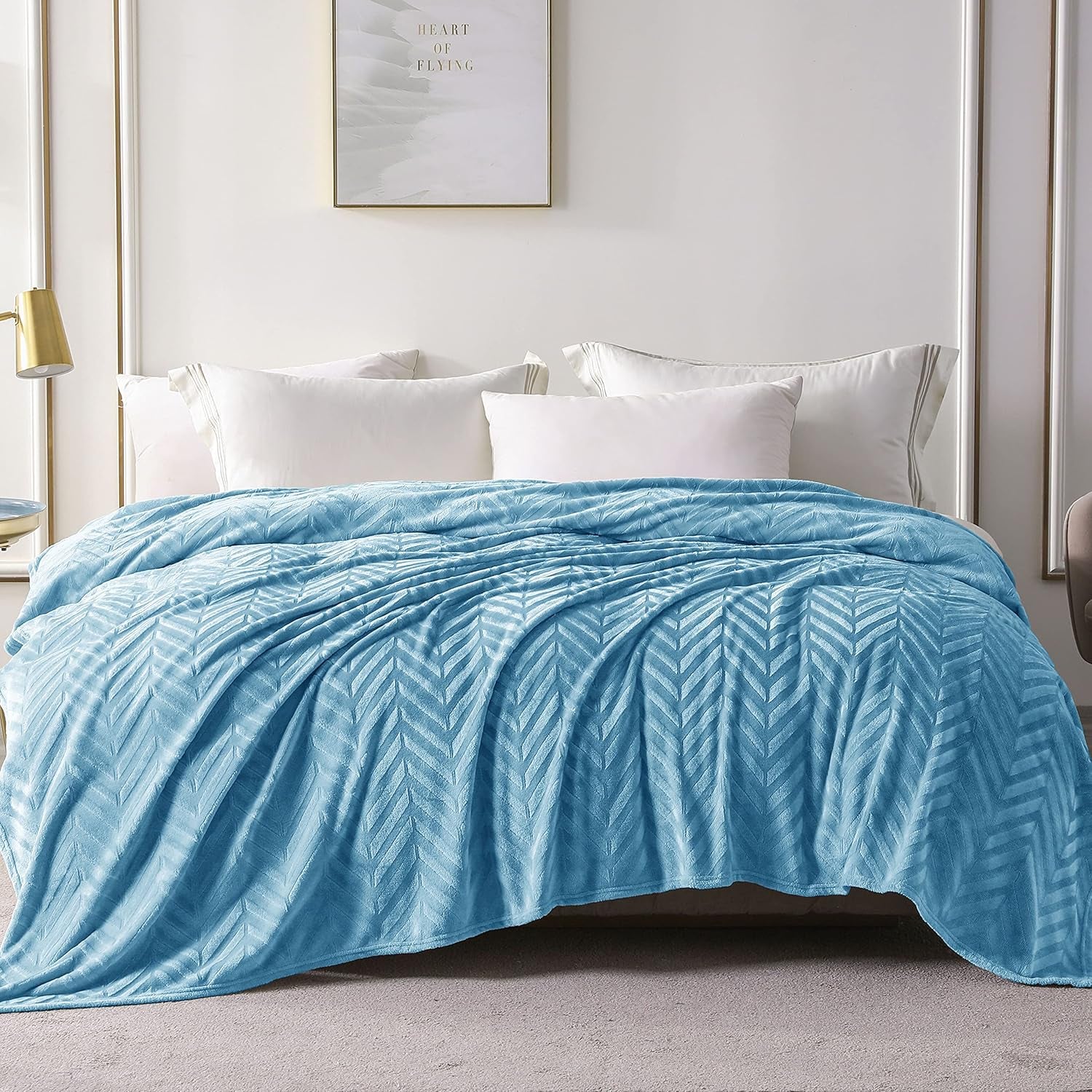 Flannel Fleece Twin Size Bed Blanket, Twin XL Lightweight Breathable Soft Bedspread Plush Fluffy Coverlet Chevron Design Decorative Blanket for All Season, 90X66 Inch, Stone Blue