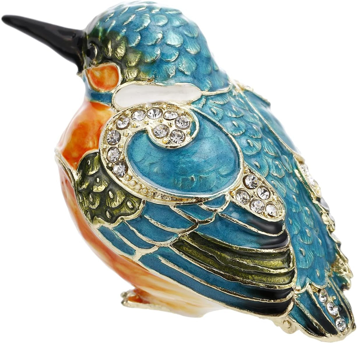 Hand Painted Enamel Bird Trinket Box for Home Decor, Hinged Jewelry Organizer for Ring Earrings, Unique Figurine Keepsake Collectible Personalized Elegant Handmade Ornament (Kingfisher)