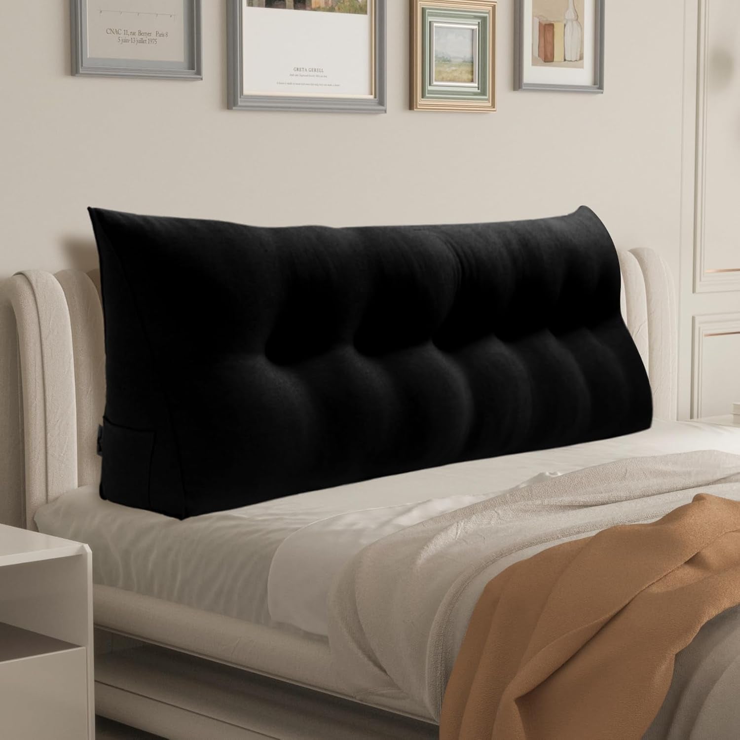 Headboard Pillow Triangular Bed Wedge Pillow for Headboard Large Bolster Pillow for Bed with Removable Cover, 85% Linen 15% Cotton Blend, Black