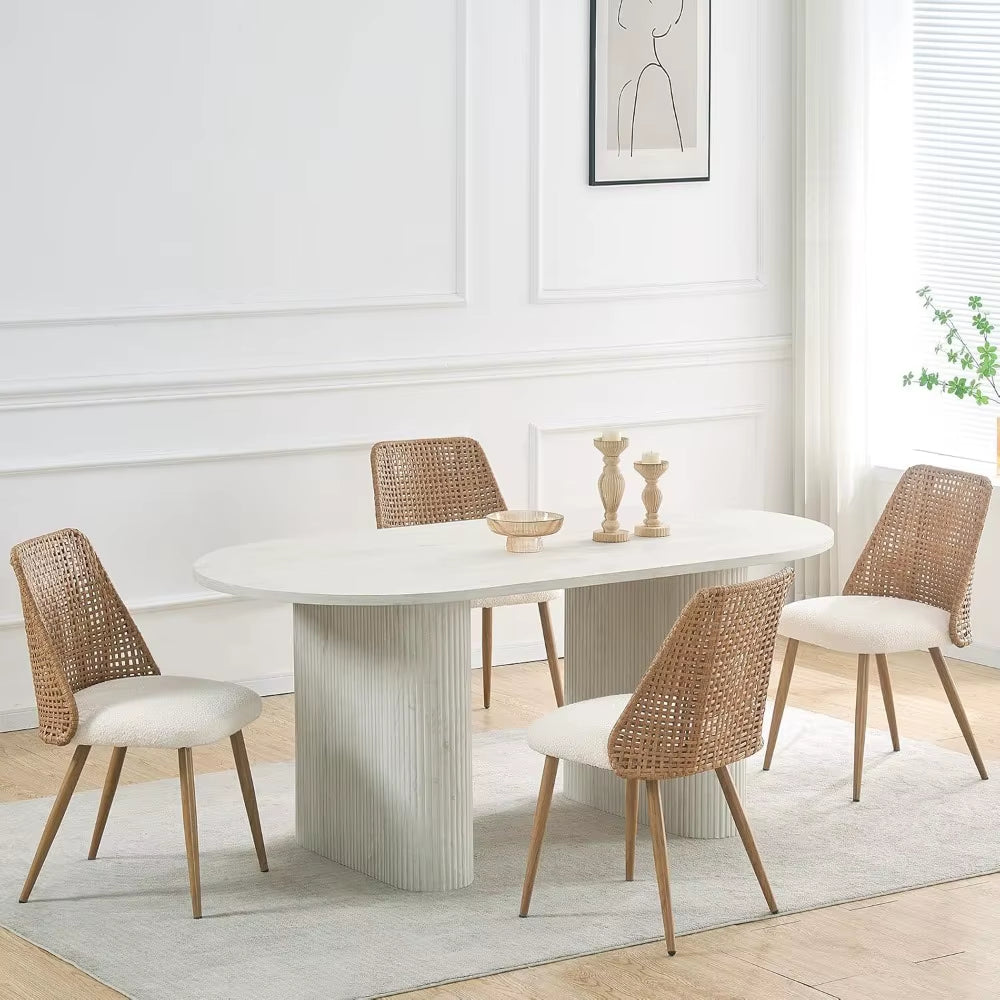 Rattan Dining Chairs Set of 4,Modern Upholstered Boucle Kitchen Room Chairs with PE Cane Back and Metal Legs for Kitchen