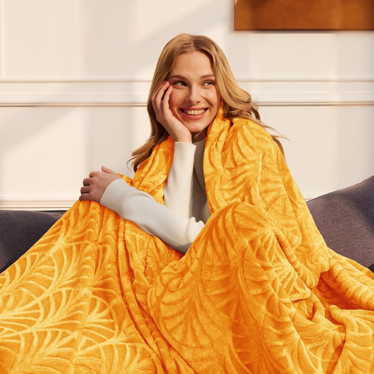 Flannel Fleece King Size Blanket for Bed, Soft Fluffy Velvet Bedspread Coverlet with Decorative Vintage Pattern for All Season, Warm and Lightweight, 90X104 Inch, Lemon Yellow