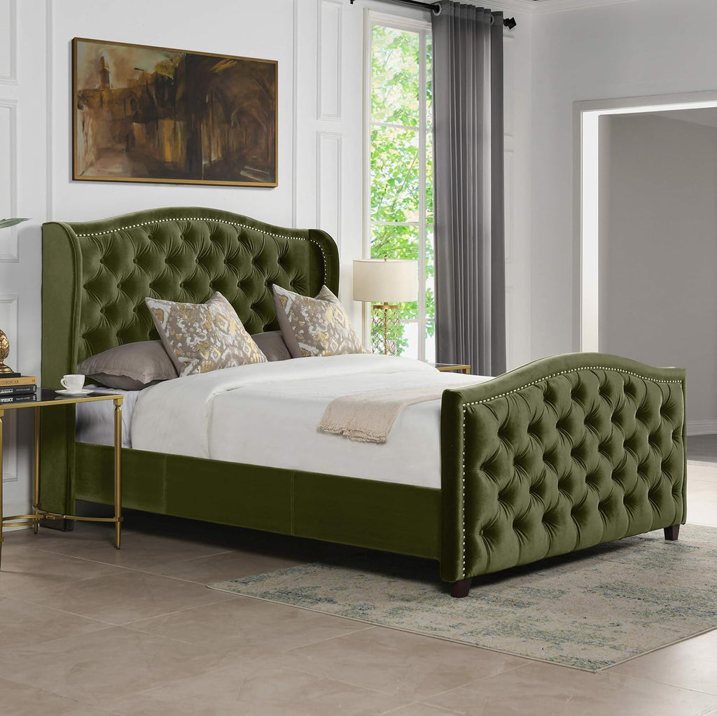 Marcella Upholstered Shelter Headboard Bed Set, Queen, Olive Green Performance Velvet