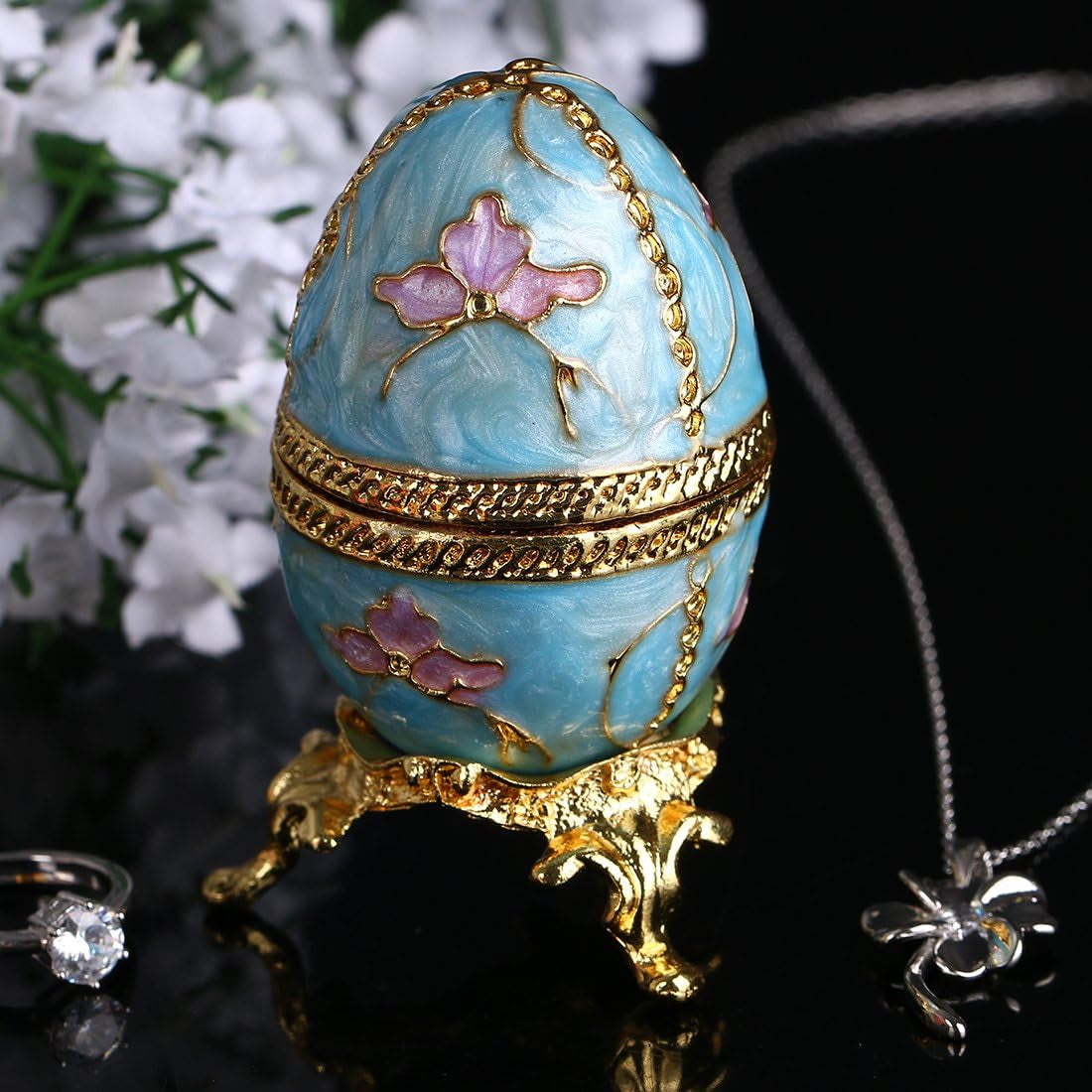 Faberge Egg Trinket Box Hinged Jewelry Box Ring Holder Collectible Figurine Crystals