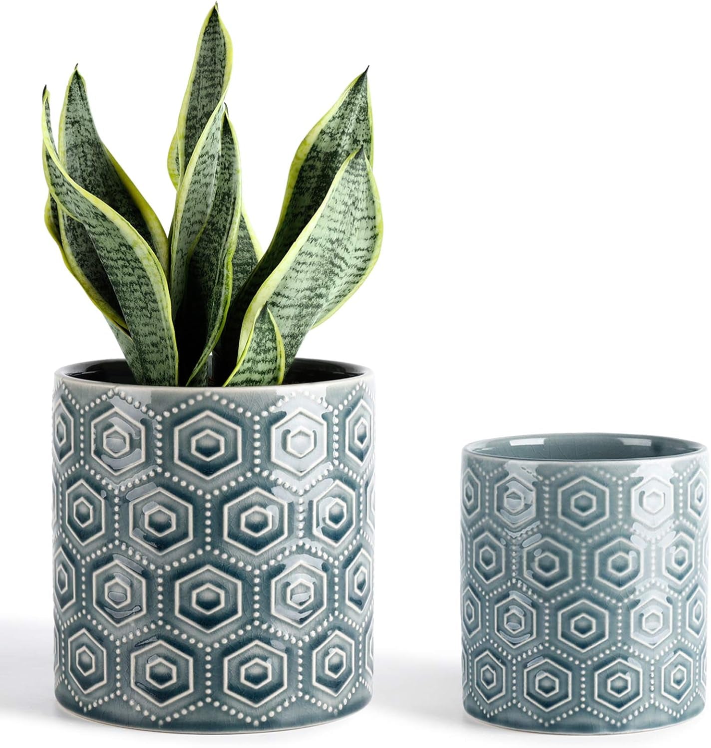 Ceramic Flower Pots - 6 Inch + 5 Inch Planters with Drainage Holes for Succulent Herb Indoor Decoration - Blue, Set of 2