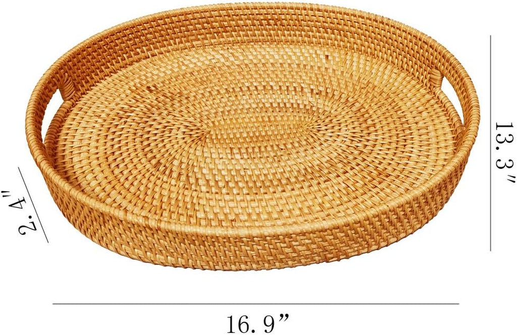 Oval Rattan X-Large Breakfast Severing Tray-17 Wicker Woven Food Storage Platters for Fruit,Bread, Drinks,Snacks|Coffee Table Serving Basket Ottoman Tray with Handles and 2.4" Wall(Xxl-43Cm)