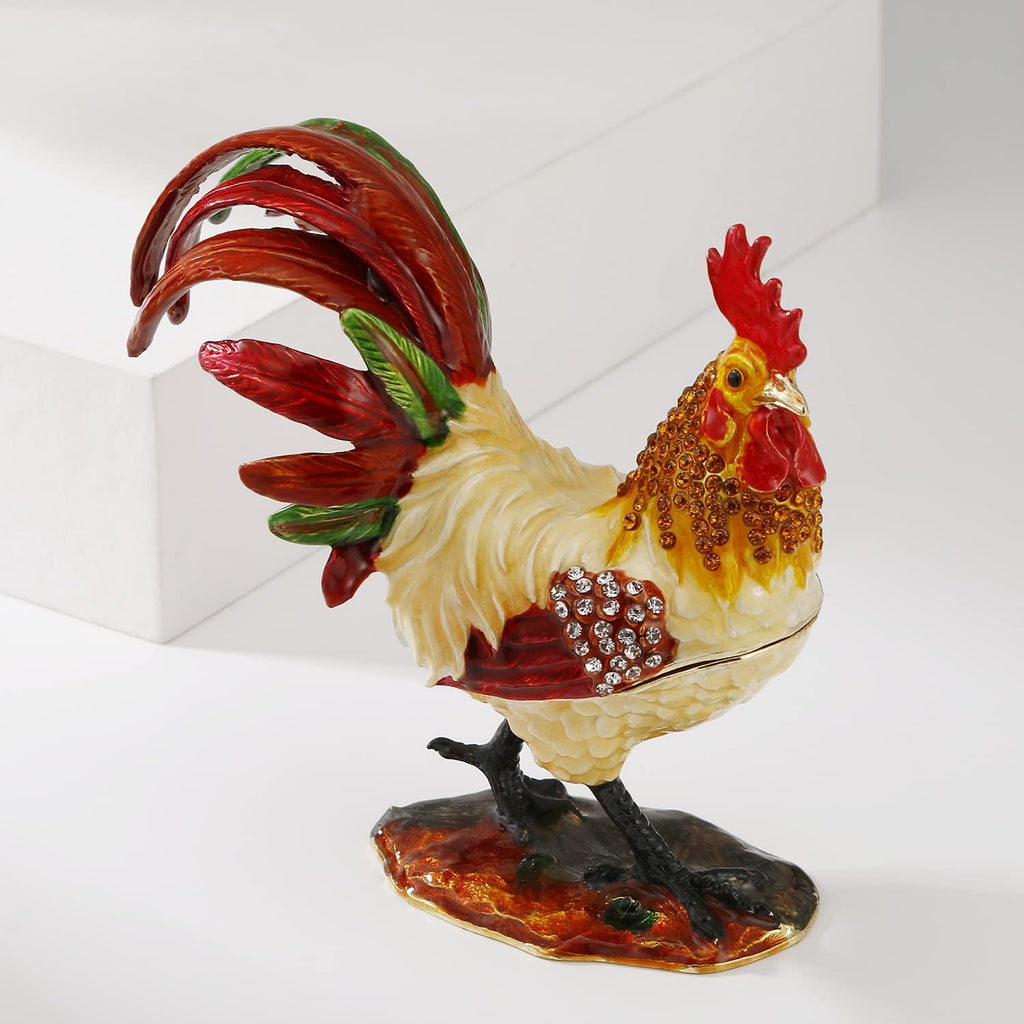 Hand Painted Animal Trinket Box for Home Decor, Hinged Enamel Jewelry Organizer Storage for Ring Earrings, Unique Figurine Keepsake Collectible Personalized Elegant Ornaments (Rooster)