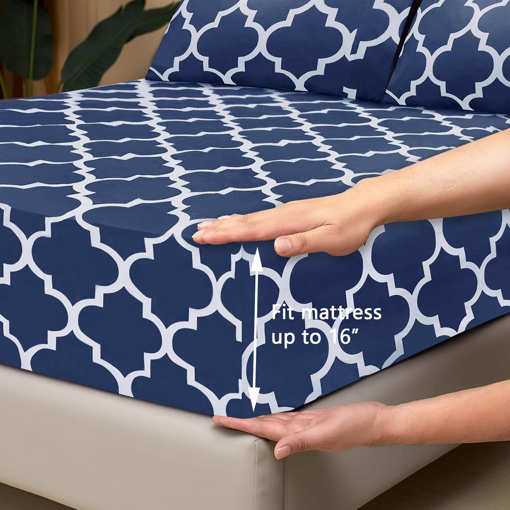 Full Bed Sheet Set - Super Soft Brushed Microfiber 1800 Thread Count Full Sheets with 16 Inch Deep Pocket - Wrinkle Free - 4 Piece(Navy Quatrefoil with White Pattern)