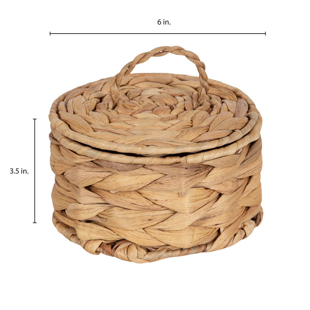 Design Ovation 3.5” X 6” round Trinket Box with Lid in Water Hyacinth Natural Material