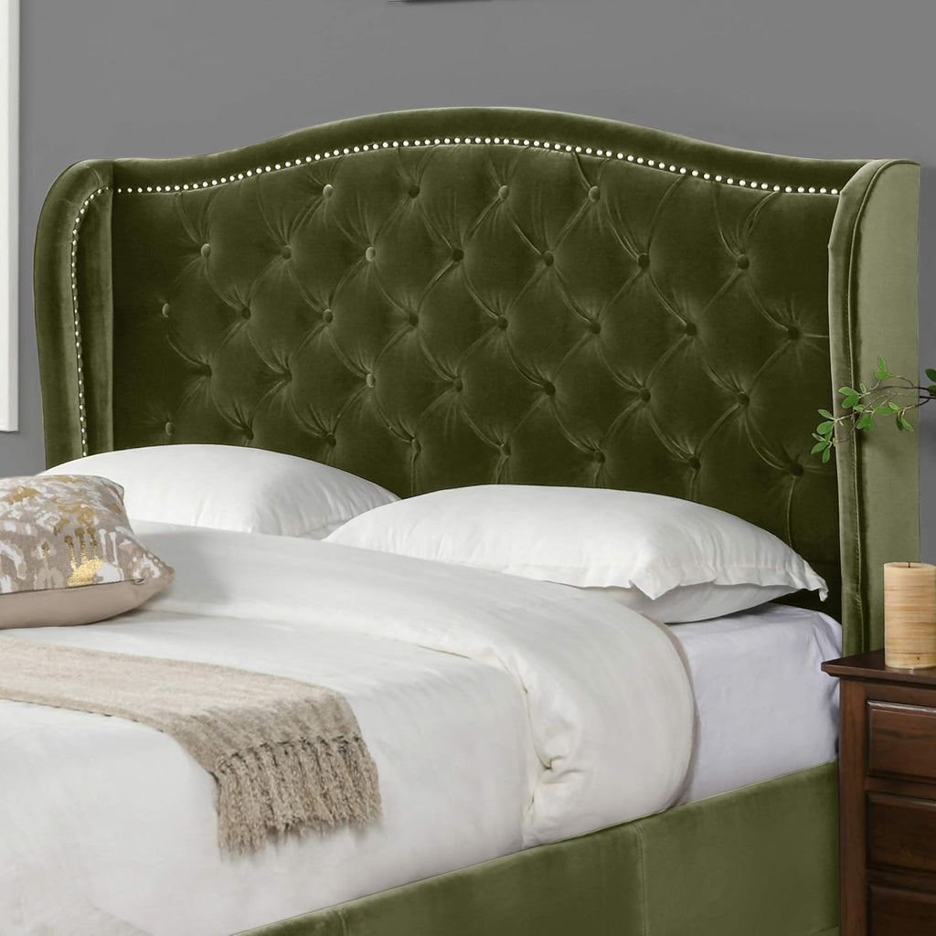 Marcella Upholstered Shelter Headboard Bed Set, Queen, Olive Green Performance Velvet