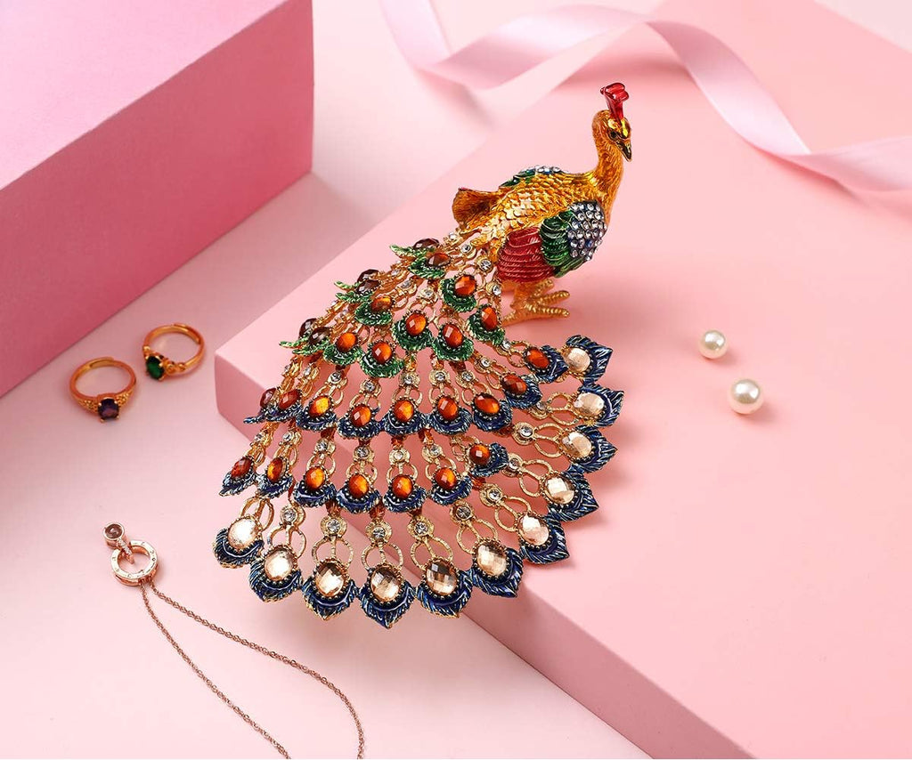 Peacock Trinket Boxes Hinged Enameled Jewelry Box Hand-Painted Animals Ornaments Craft Gift for Home Decor (Gold)