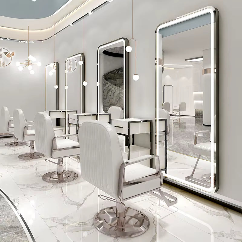 Modern Single Sided Mirror Statios Silver Frame Salon Mirror Hairdressing Beauty Salon Mirrors with Led Light