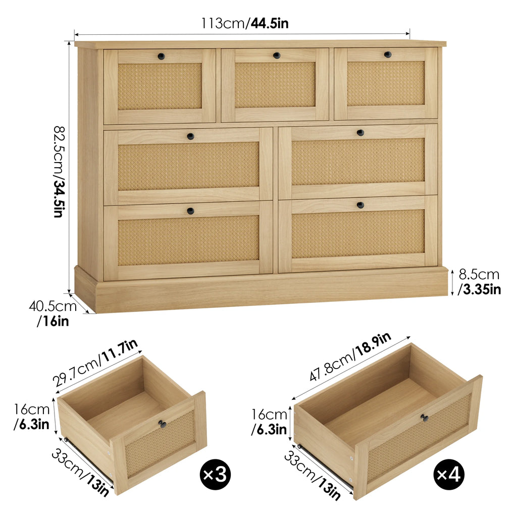 Rattan Dresser, 7 Drawer Combo Double Dresser, Modern Wicker Chest for Bedroom, Burlywood