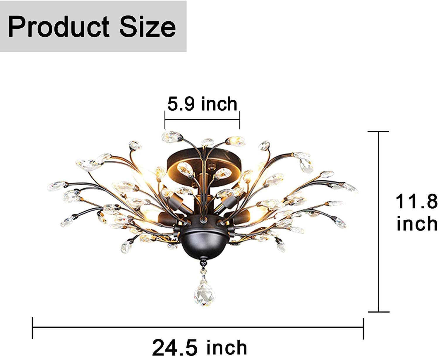 -Light 24.5" Dia 4-Light Vintage Crystal Branch Close to Ceiling Light Fixture Black Chandelier Flush Mount,E12,160W,For Bedroom,Kitchen,Living Room;