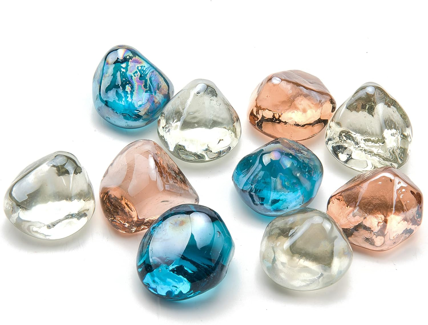 20Lb Fire Glass Diamonds 1 Inch Fire Pit Glass Fire Glass Rocks for Gas Fireplace Blended Margarita Azure Blue,Pink,Crystal Luster