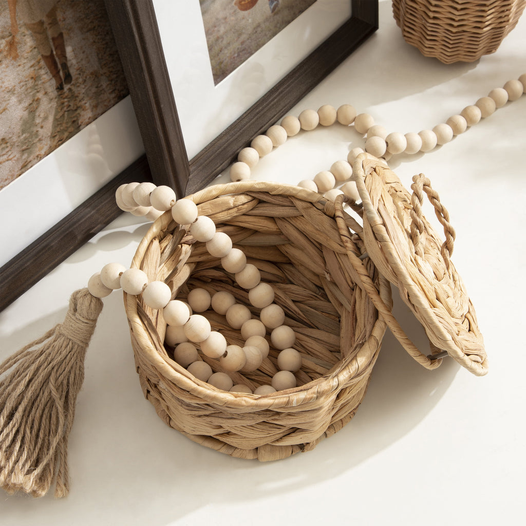 Design Ovation 3.5” X 6” round Trinket Box with Lid in Water Hyacinth Natural Material