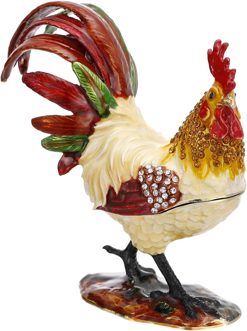 Hand Painted Animal Trinket Box for Home Decor, Hinged Enamel Jewelry Organizer Storage for Ring Earrings, Unique Figurine Keepsake Collectible Personalized Elegant Ornaments (Rooster)