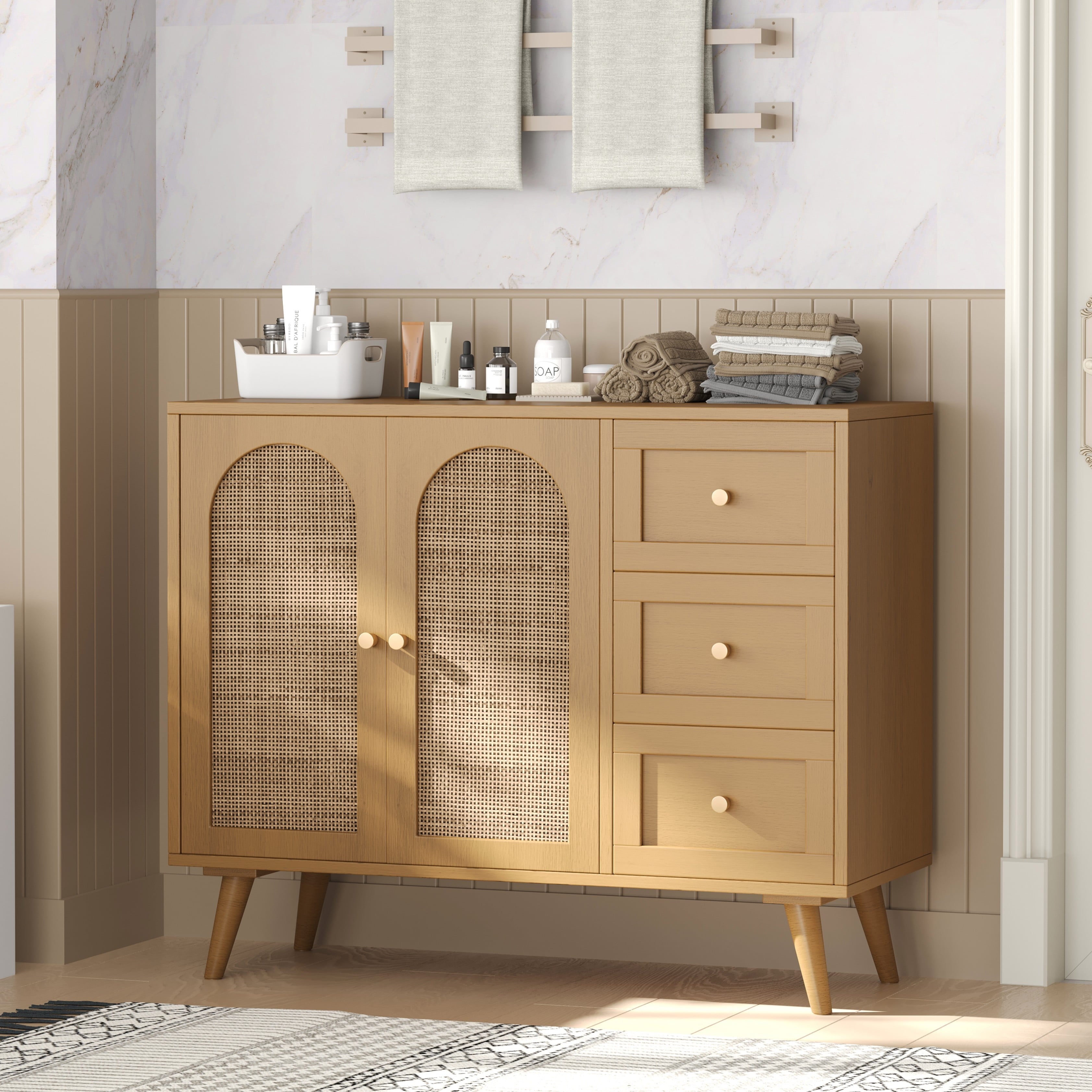 Rattan Storage Cabinet, Floor Cabinet with 2 Rattan Decorated Doors & Adjustable Shelves, Buffet Cabinet with 3 Drawers, Entryway Cabinet for Living Room, Dining Room,Hallway, Natural KBG005M