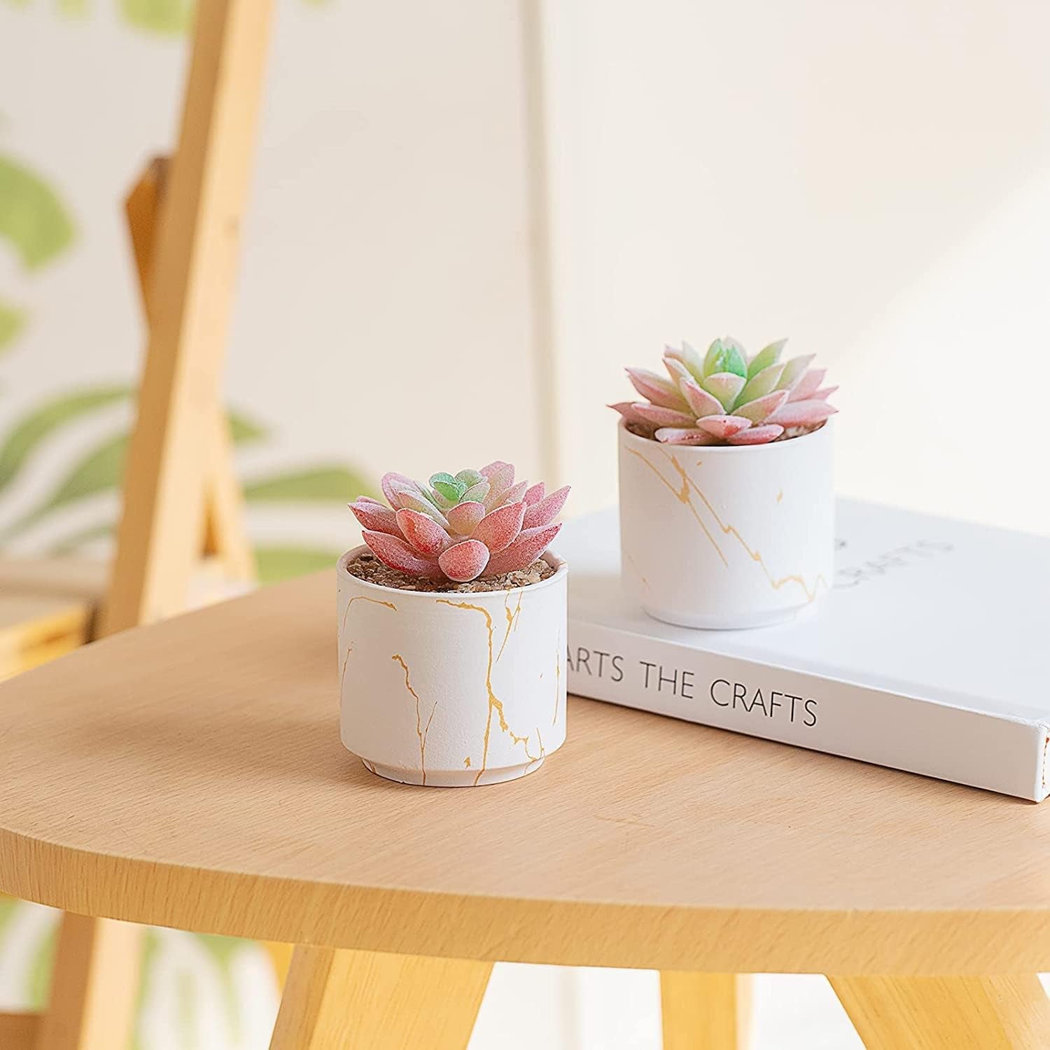Succulents Plants Artificial, Mini Fake Succulents in White Ceramic Pots for Desk Livingroom Bathroom and Home Decoration Office Decor for Women Set of 2 Artificial Succulents