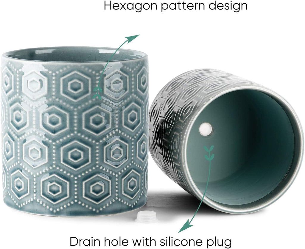 Ceramic Flower Pots - 6 Inch + 5 Inch Planters with Drainage Holes for Succulent Herb Indoor Decoration - Blue, Set of 2