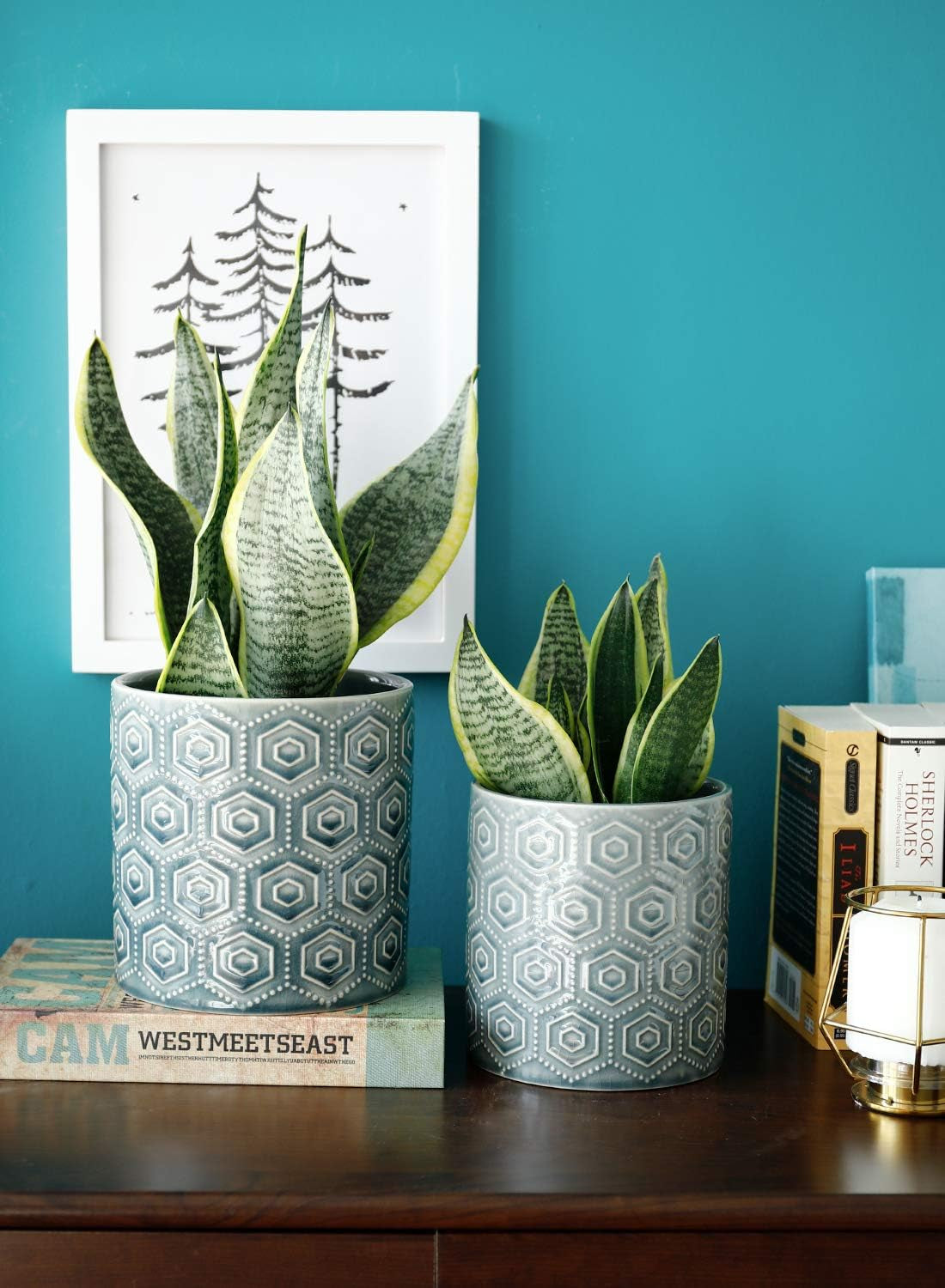 Ceramic Flower Pots - 6 Inch + 5 Inch Planters with Drainage Holes for Succulent Herb Indoor Decoration - Blue, Set of 2
