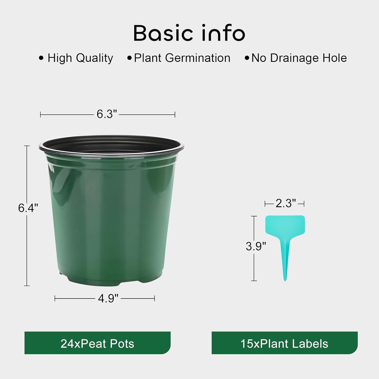 24 Set 6" 1 Gallon for Plants Flexible Nursery Pot with Drainage Hole and 15 Pcs Plant Labels, Flower Plant Container for Indoor Outdoor, Green