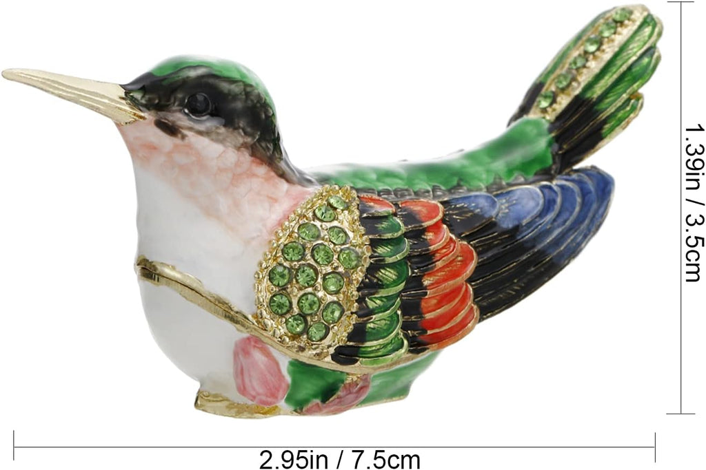 Hand Painted Enamel Bird Trinket Box for Home Decor, Hinged Jewelry Organizer for Ring Earrings, Unique Figurine Keepsake Collectible Personalized Elegant Handmade Ornament (Hummingbird-2)