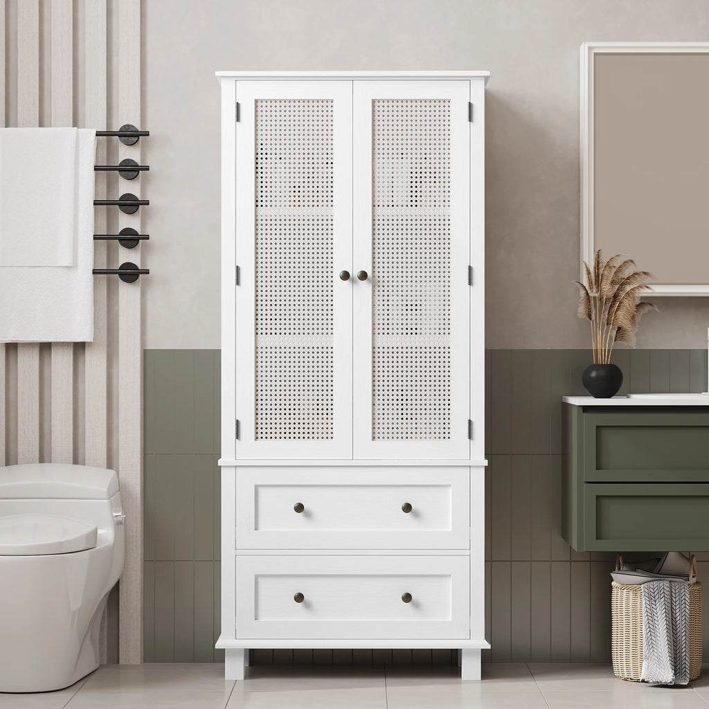 Bathroom Cabinet with Rattan Doors, Rattan Linen Storage Cabinet with 2 Drawers, White