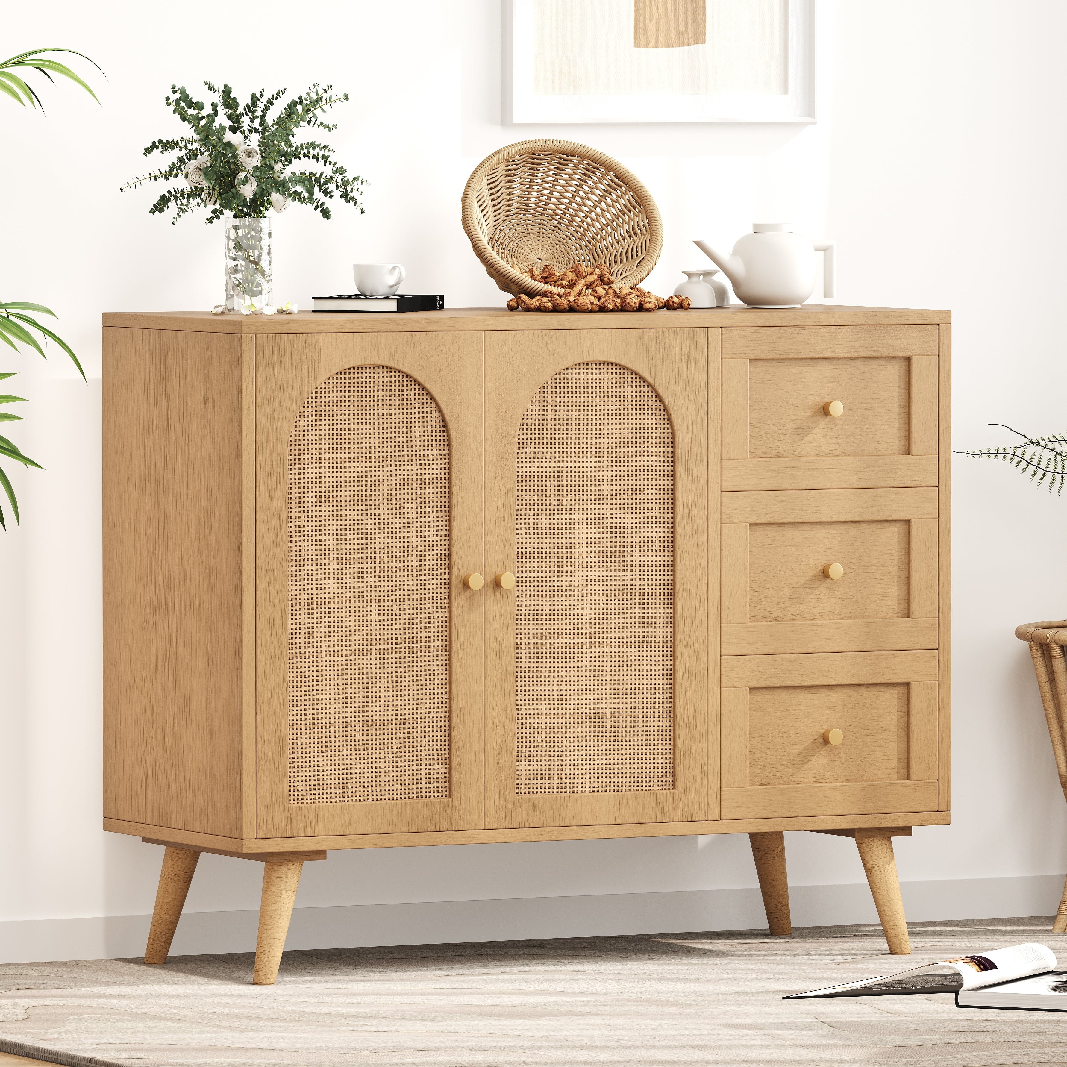 Rattan Storage Cabinet, Floor Cabinet with 2 Rattan Decorated Doors & Adjustable Shelves, Buffet Cabinet with 3 Drawers, Entryway Cabinet for Living Room, Dining Room,Hallway, Natural KBG005M