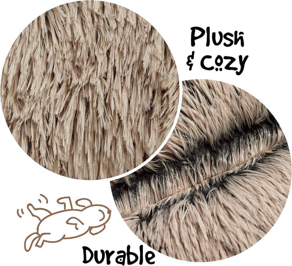 Donut Dog Bed Faux Fur Fluffy Calming Sofa for Medium Dogs, Soft & Plush anti Anxiety Pet Couch for Dogs, Machine Washable Coco Pet Bed with Non-Slip Bottom, 30"X30"X7" Tan