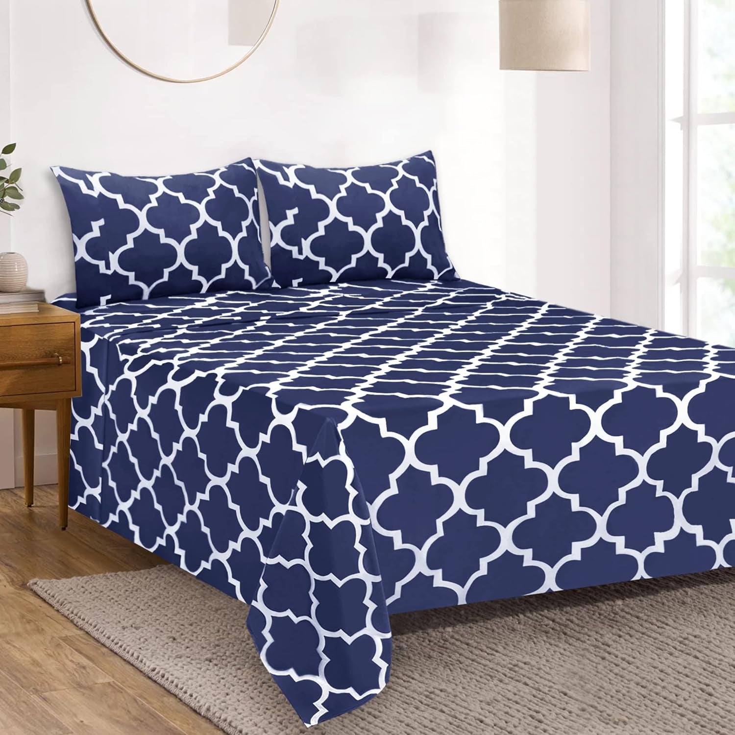Full Bed Sheet Set - Super Soft Brushed Microfiber 1800 Thread Count Full Sheets with 16 Inch Deep Pocket - Wrinkle Free - 4 Piece(Navy Quatrefoil with White Pattern)