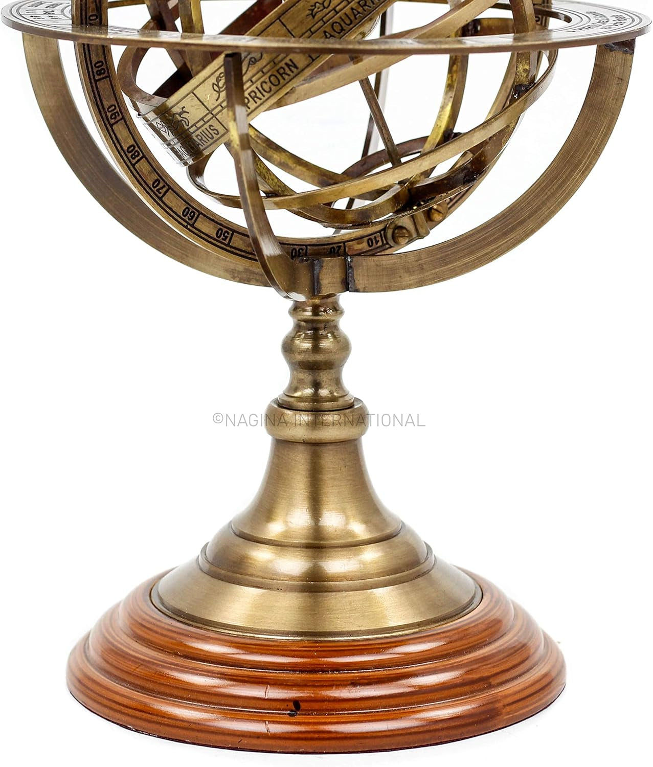 Antique Vintage Zodiac Armillary Brass Sphere Globe Wooden Display | Pirate'S Antique Ship Decor |  (Large, Antique Brass)