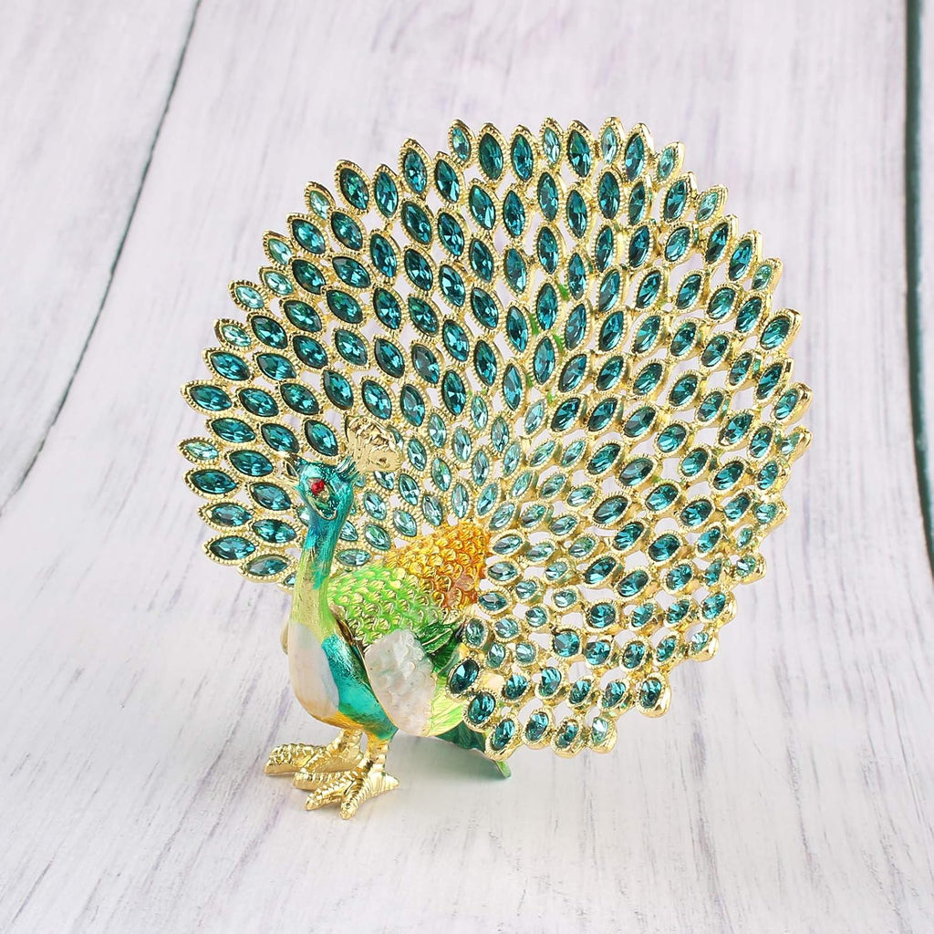 Peacock Jewelry Trinket Box Figurine Enamel Hinged Hand Painted Keepsake Decoration (Green)