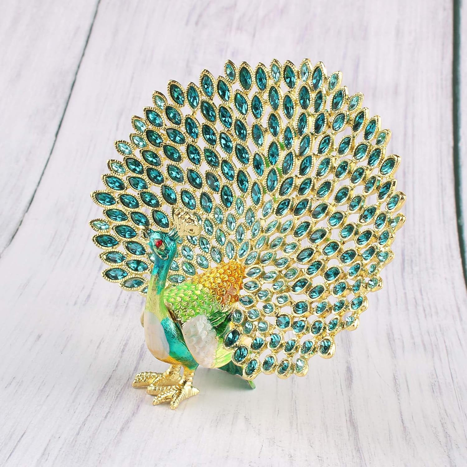 Peacock Jewelry Trinket Box Figurine Enamel Hinged Hand Painted Keepsake Decoration (Green)