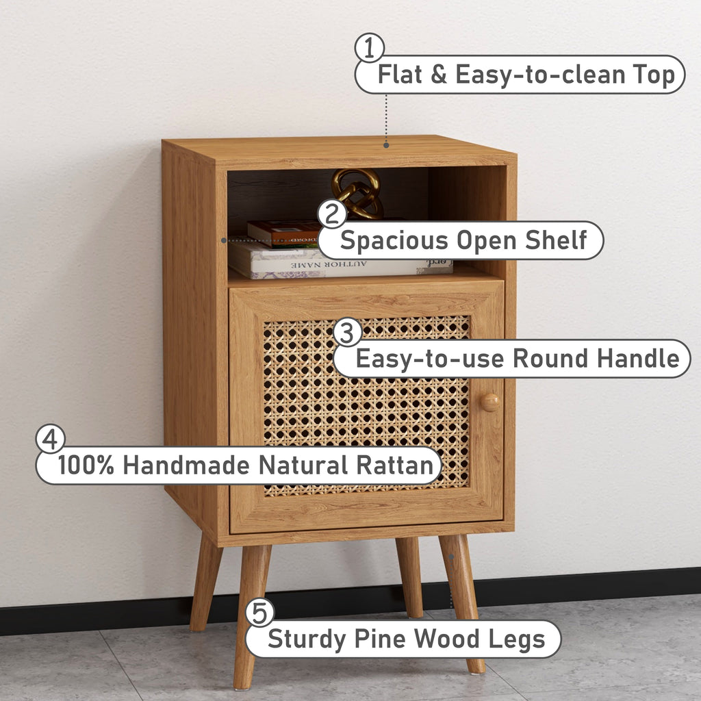 2Pcs Rattan Nightstand Set, Boho Side Table with Handmade Rattan Decorated Drawer, Natural