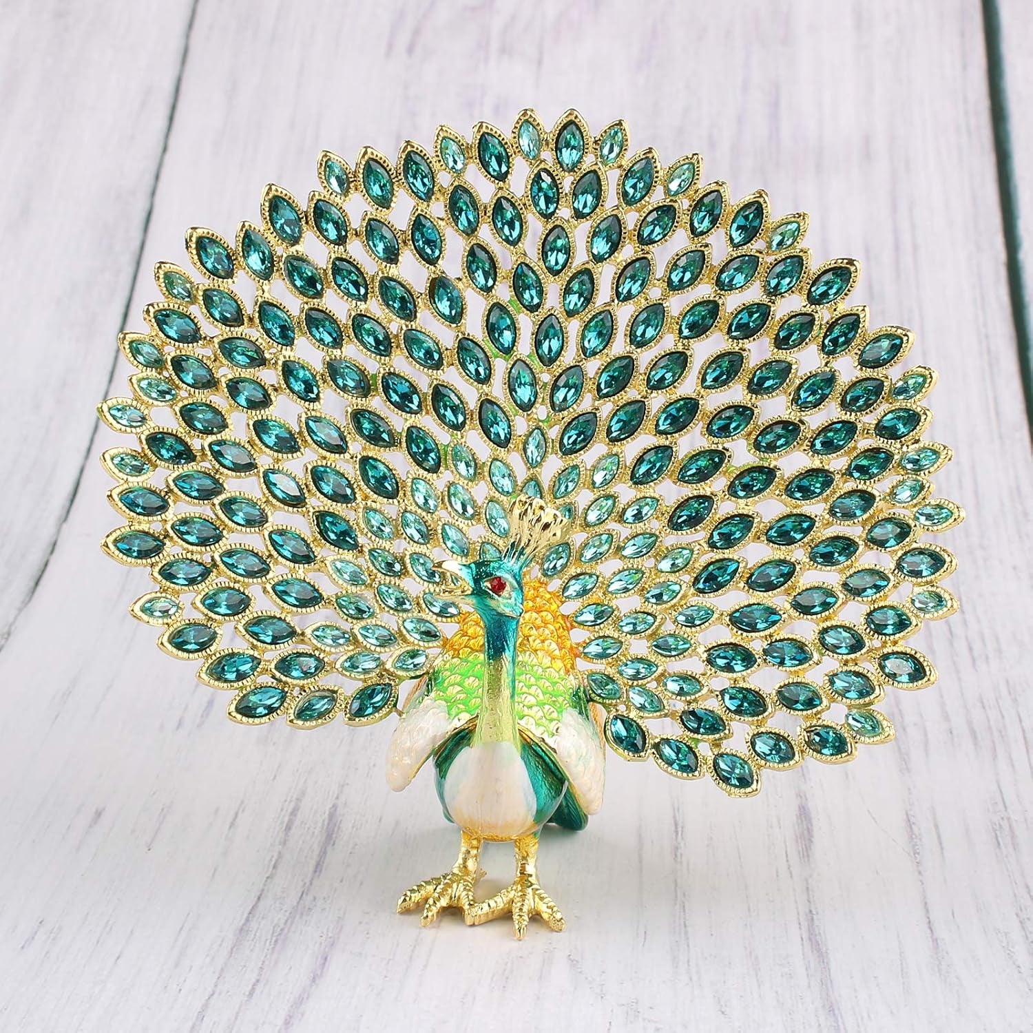 Peacock Jewelry Trinket Box Figurine Enamel Hinged Hand Painted Keepsake Decoration (Green)