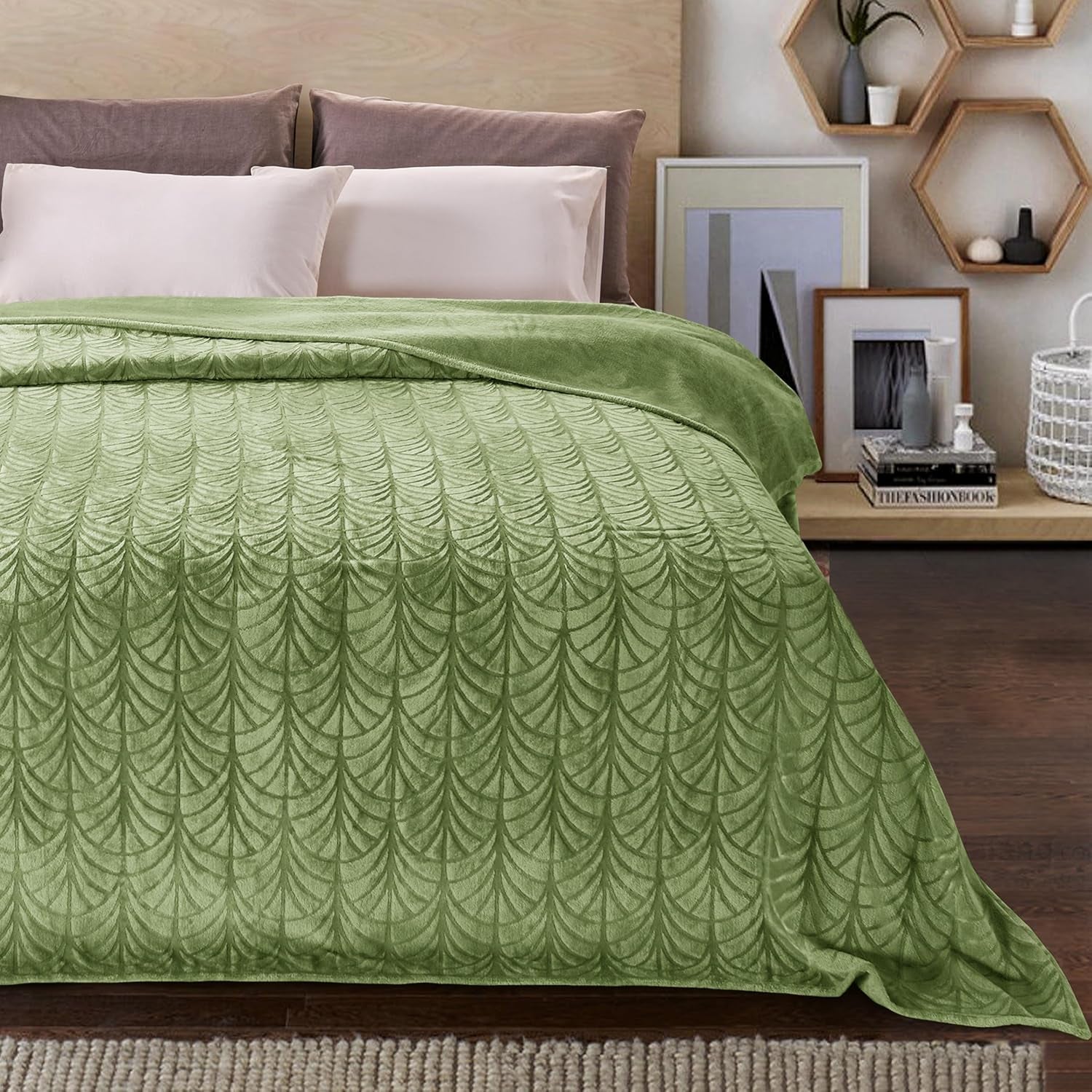 Flannel Fleece King Size Blanket for Bed, Soft Fluffy Velvet Bedspread Coverlet with Decorative Vintage Pattern for All Season, Warm and Lightweight, 90X104 Inch, Olive Green